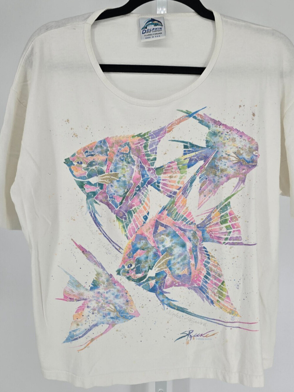 Vtg Dolphin Shirt Co Womens Sz XL Single Stitch Short Sleeve T Shirt Pastel Fish